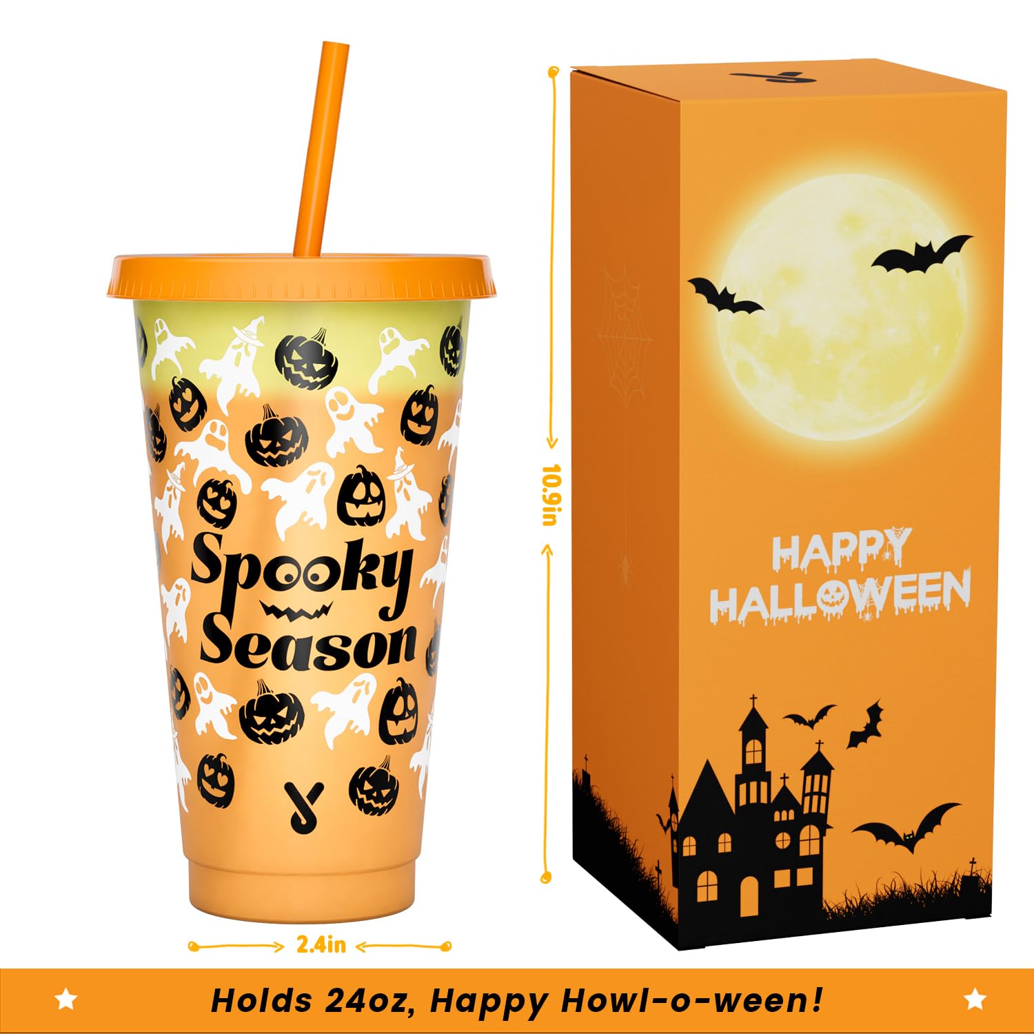 Halloween Decorations, Color Changing Reusable Cups with Lids and Straws - 6 Pack 24 oz Plastic Tumblers Bulk, Reusable for Party Favors