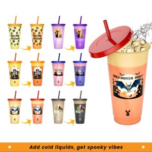 Halloween Decorations, Color Changing Reusable Cups with Lids and Straws - 6 Pack 24 oz Plastic Tumblers Bulk, Reusable for Party Favors