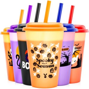 meoky halloween decorations, color changing cups with lids and straws - 6 pack 12 oz plastic tumblers bulk, kids cups for halloween party favors