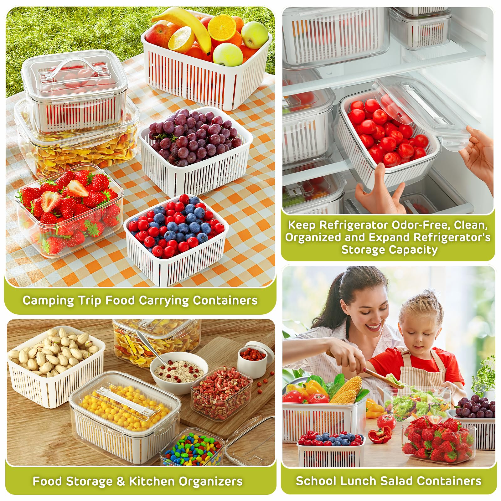 10PCS Fruit Vegetable Storage Containers for Fridge with Colander - Food Containers for Refrigerator Kitchen Organizer Produce Container Keep Fruits Vegetables Berry Meat Fresh longer,Dishwasher Safe