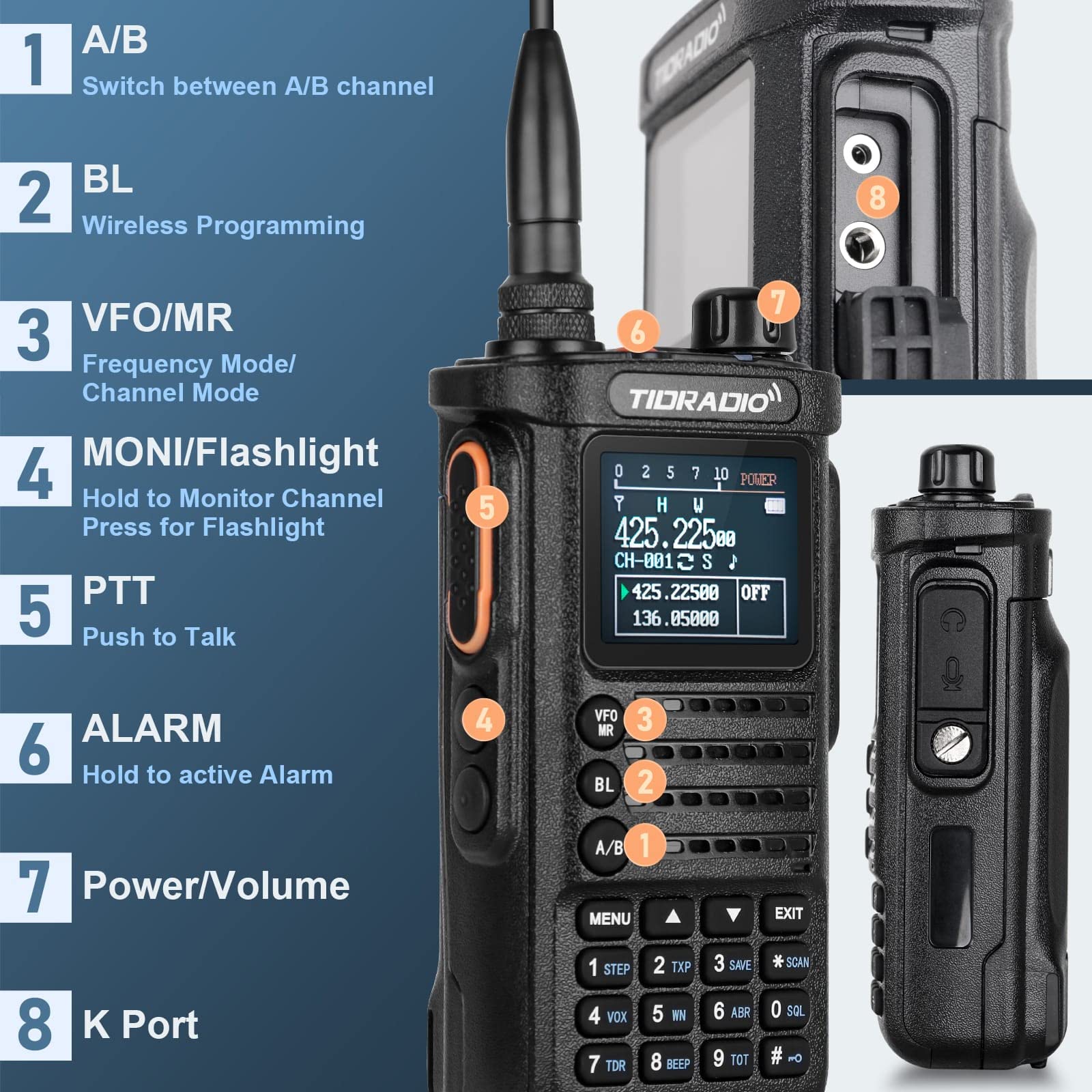 TIDRADIO Ham Radio 10Watt Handheld Dual Band Two-Way Radio TD-H8 with APP Bluethooth Wireless Programming Module with 2500mAh Battery USB Rechargeable Large Color Screen(2nd Generation Improved)