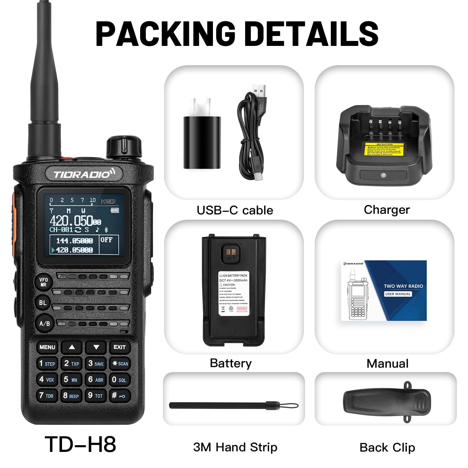 TIDRADIO Ham Radio 10Watt Handheld Dual Band Two-Way Radio TD-H8 with APP Bluethooth Wireless Programming Module with 2500mAh Battery USB Rechargeable Large Color Screen(2nd Generation Improved)