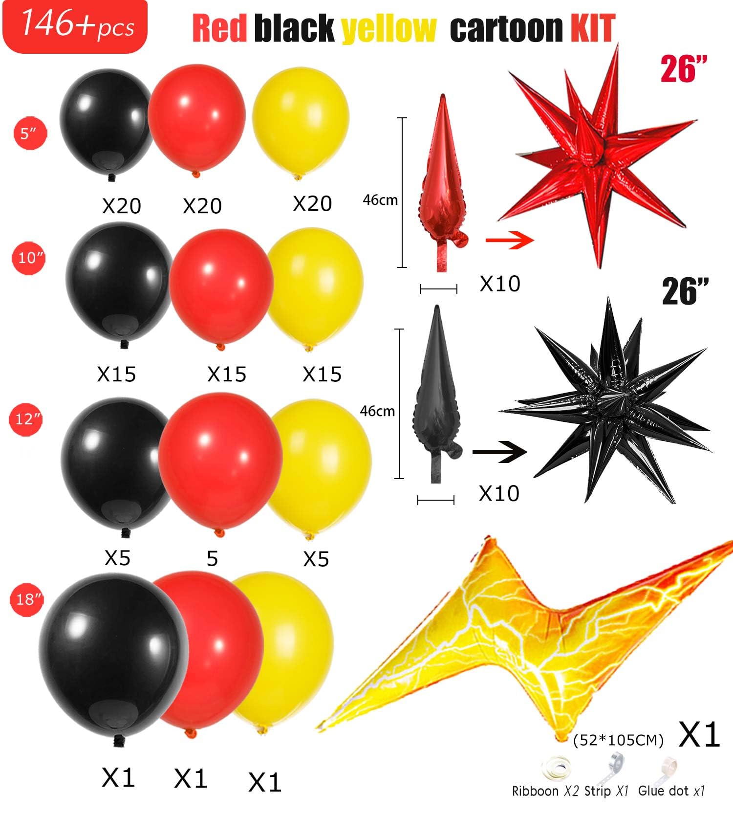 Red black yellow balloon garland kit 148pcs with Flash lightining Starburst mylar balloons for Cartoon superhero theme Race Car Party Theme birthday decorations