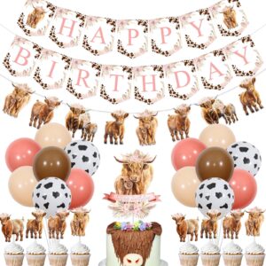 highland cow birthday decorations girl, boho retro floral highland cow party supplies - happy birthday banner, highland cattle garland, cake toppers, balloons for farm animal holy cow party decor