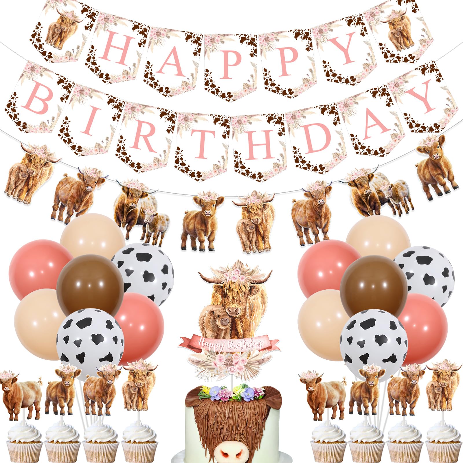 Highland Cow Birthday Decorations Girl, Boho Retro Floral Highland Cow Party Supplies - Happy Birthday Banner, Highland Cattle Garland, Cake Toppers, Balloons for Farm Animal Holy Cow Party Decor