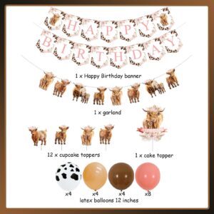 Highland Cow Birthday Decorations Girl, Boho Retro Floral Highland Cow Party Supplies - Happy Birthday Banner, Highland Cattle Garland, Cake Toppers, Balloons for Farm Animal Holy Cow Party Decor