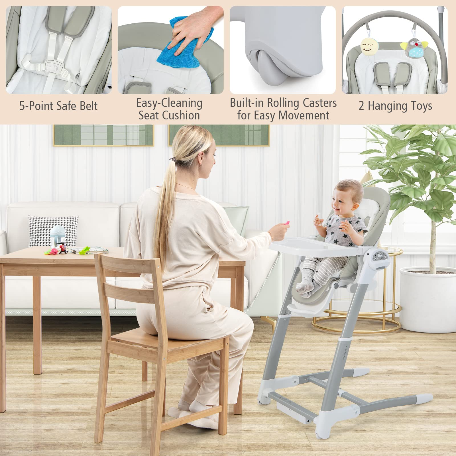 HONEY JOY 3 in 1 Baby Swings, Convertible Highchair for Babies and Toddlers, Compact Portable Infant Swing, Infant Booster Seat w/Double Tray, Music & Wheels, Easy Folding, Double Food Tray(Gray)