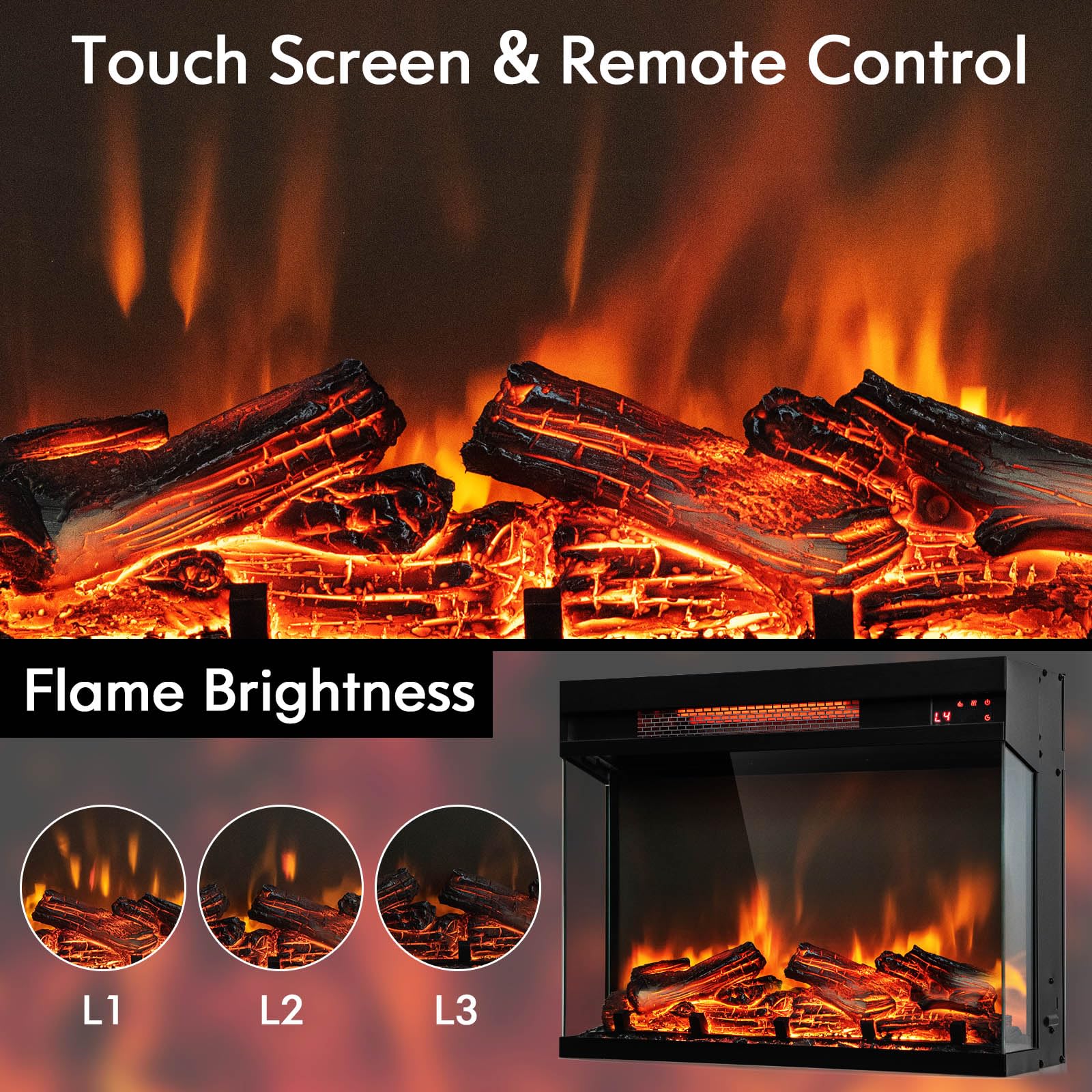 Tangkula 23-Inch 3-Sided Electric Fireplace Insert with Remote Control, 1500W Fireplace Heater with Thermostat, Adjustable Brightness, 8H Timer, Overheat Protection