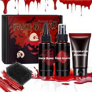 chaspa halloween fake blood sfx makeup kit - coagulated blood gel, blood splatter, stage blood, stipple sponge, realistic special effect makeup kit for zombie vampire monster halloween costume
