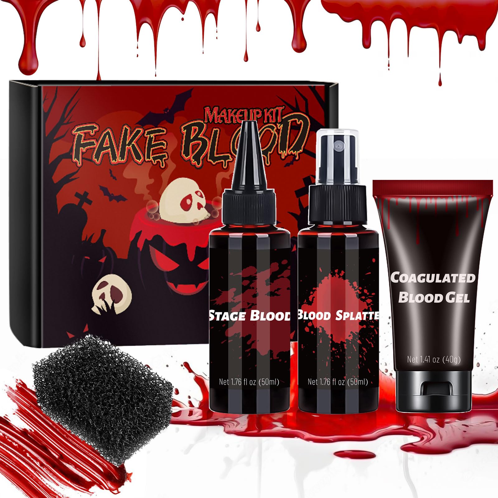 CHASPA Halloween Fake Blood SFX Makeup Kit - Coagulated Blood Gel, Blood Splatter, Stage Blood, Stipple Sponge, Realistic Special Effect Makeup kit for Zombie Vampire Monster Halloween Costume