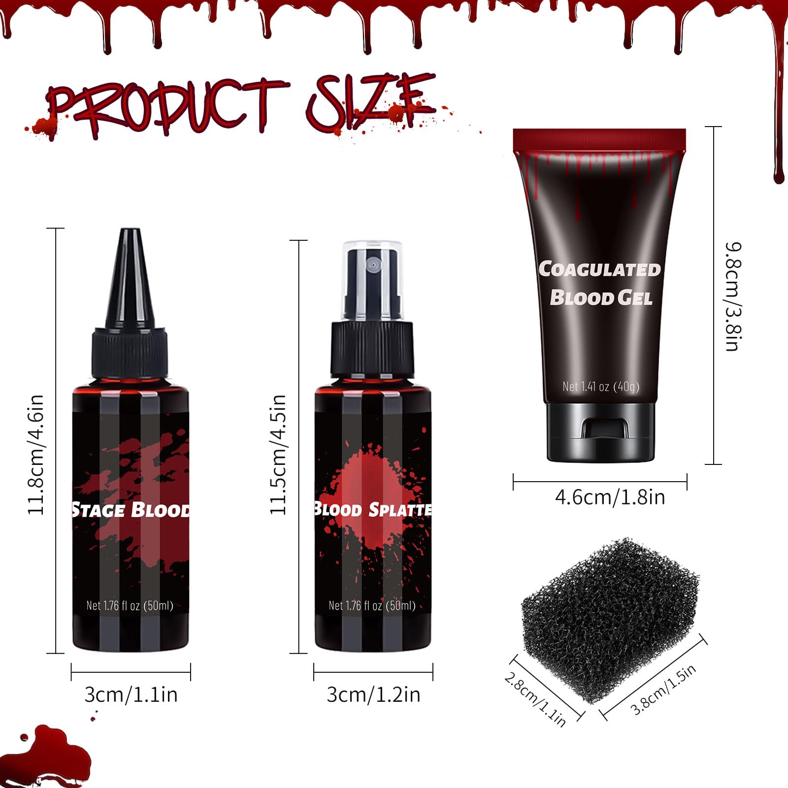 CHASPA Halloween Fake Blood SFX Makeup Kit - Coagulated Blood Gel, Blood Splatter, Stage Blood, Stipple Sponge, Realistic Special Effect Makeup kit for Zombie Vampire Monster Halloween Costume