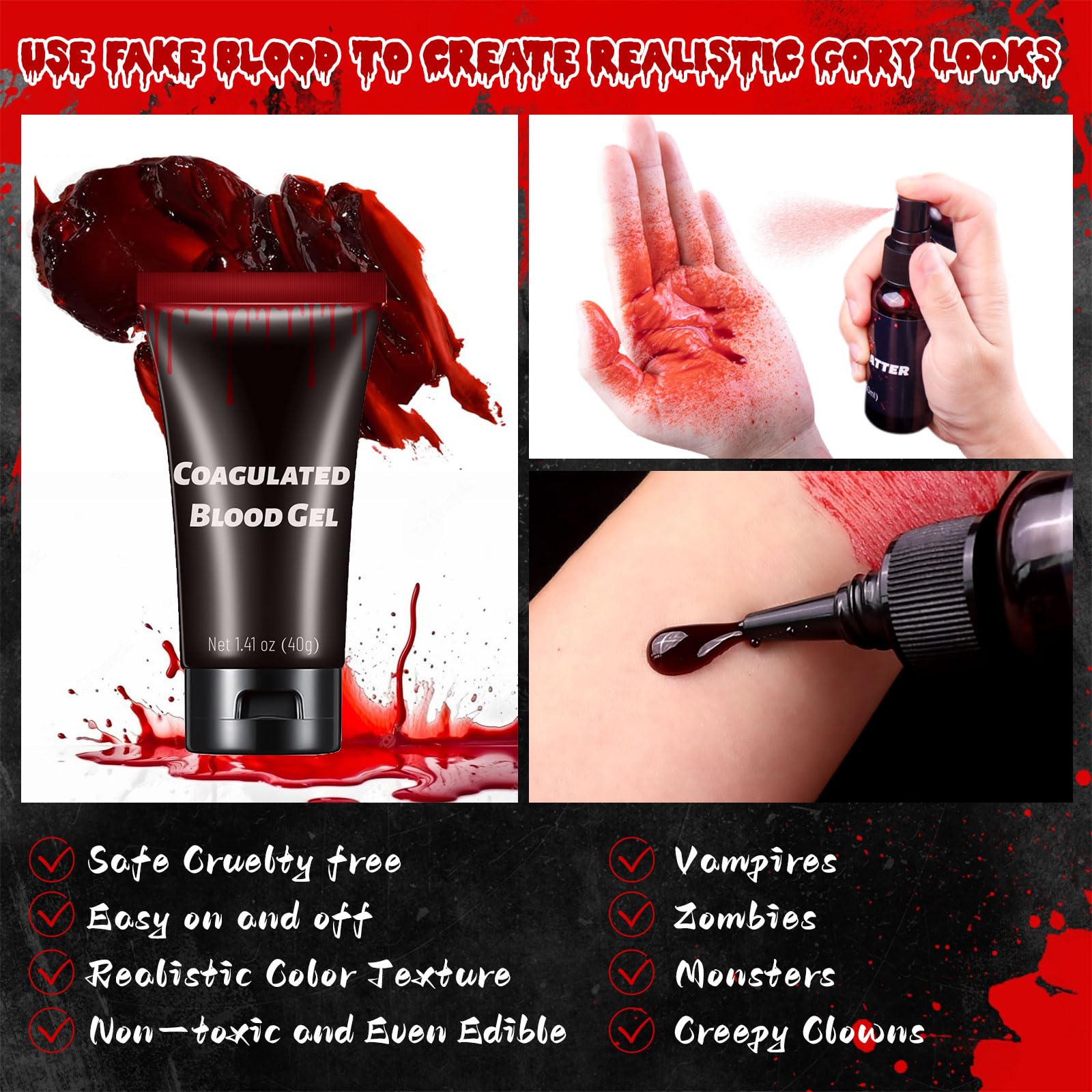 CHASPA Halloween Fake Blood SFX Makeup Kit - Coagulated Blood Gel, Blood Splatter, Stage Blood, Stipple Sponge, Realistic Special Effect Makeup kit for Zombie Vampire Monster Halloween Costume