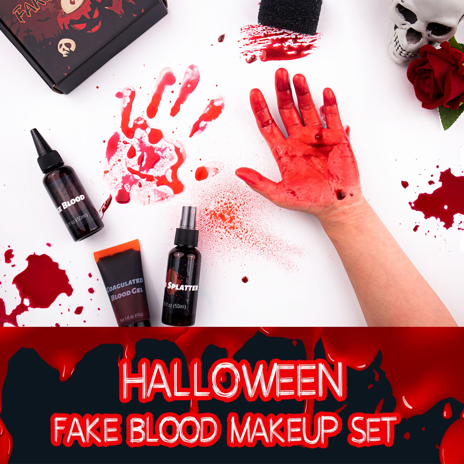 CHASPA Halloween Fake Blood SFX Makeup Kit - Coagulated Blood Gel, Blood Splatter, Stage Blood, Stipple Sponge, Realistic Special Effect Makeup kit for Zombie Vampire Monster Halloween Costume