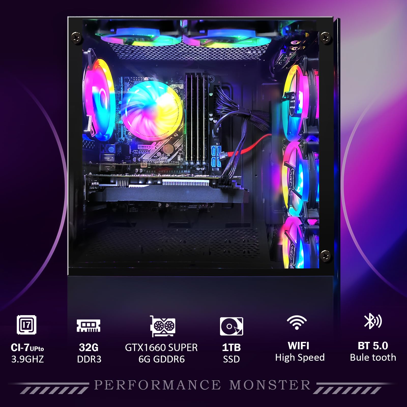 STGAubron Gaming Desktop,Intel Core i7 3.4G up to 3.9G,GeForce GTX 1660 Super 6G GDDR6,32G RAM,1T SSD,WiFi,BT 5.0,RGB Fan x 6,RGB Keyboard&Mouse&Mouse Pad,RGB BT Sound Bar And Gaming Mic,W10H64