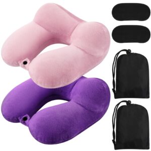 sintuff 2 pack inflatable travel pillow for airplanes inflatable neck pillows with compact bag and blindfold soft flight pillow for traveling, airplane, train, car, office(light pink and violet)