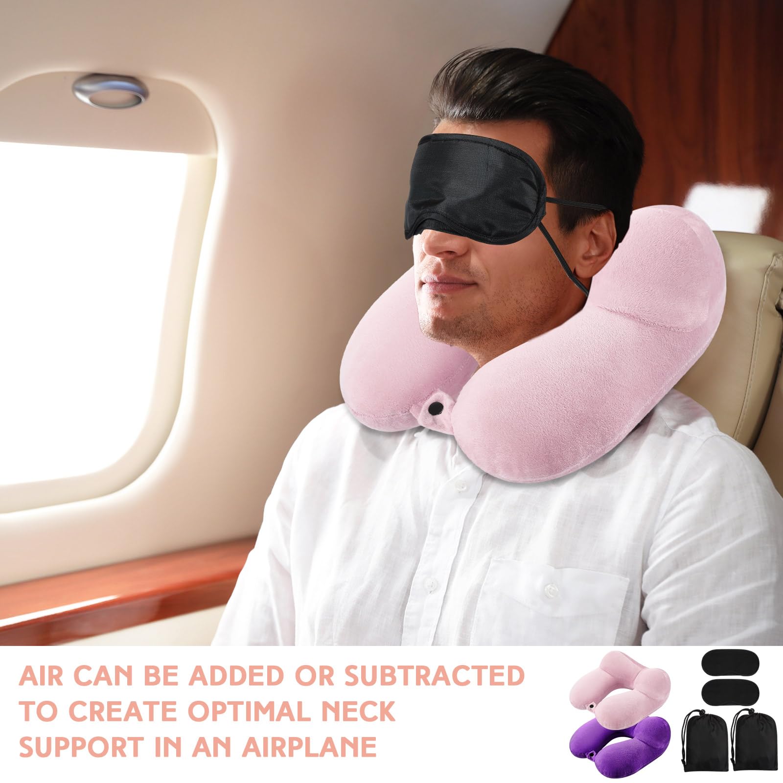 Sintuff 2 Pack Inflatable Travel Pillow for Airplanes Inflatable Neck Pillows with Compact Bag and Blindfold Soft Flight Pillow for Traveling, Airplane, Train, Car, Office(Light Pink and Violet)