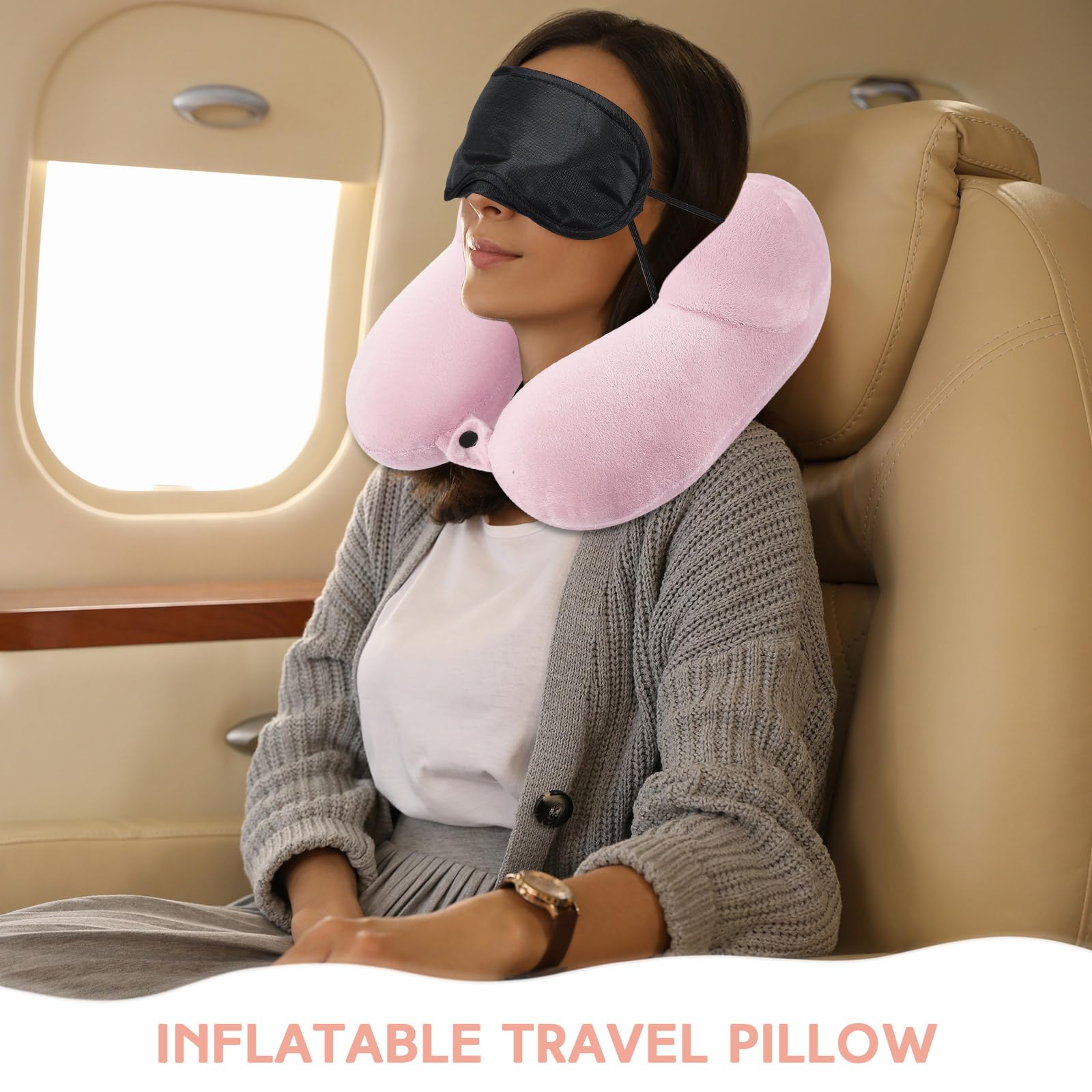 Sintuff 2 Pack Inflatable Travel Pillow for Airplanes Inflatable Neck Pillows with Compact Bag and Blindfold Soft Flight Pillow for Traveling, Airplane, Train, Car, Office(Light Pink and Violet)