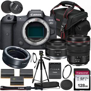 canon eos r5 full frame mirrorless camera with rf 24-105mm & rf 50mm f/1.8 lens bundle + canon eos r mount adapter + 128gb memory card + accessories including 2x extra batteries, case and tripod
