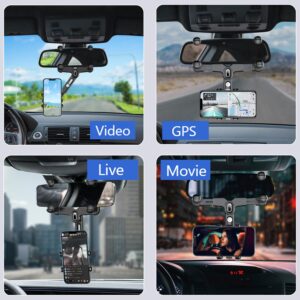 POWDAPTE Rear View Mirror Phone Holder, 360°Rotatable and Retractable Rearview Mirror Phone Holder for Car, Upgraded Four Corners Anti-Shake Multifunctional Design for All iPhone & Car Rearview Mirror