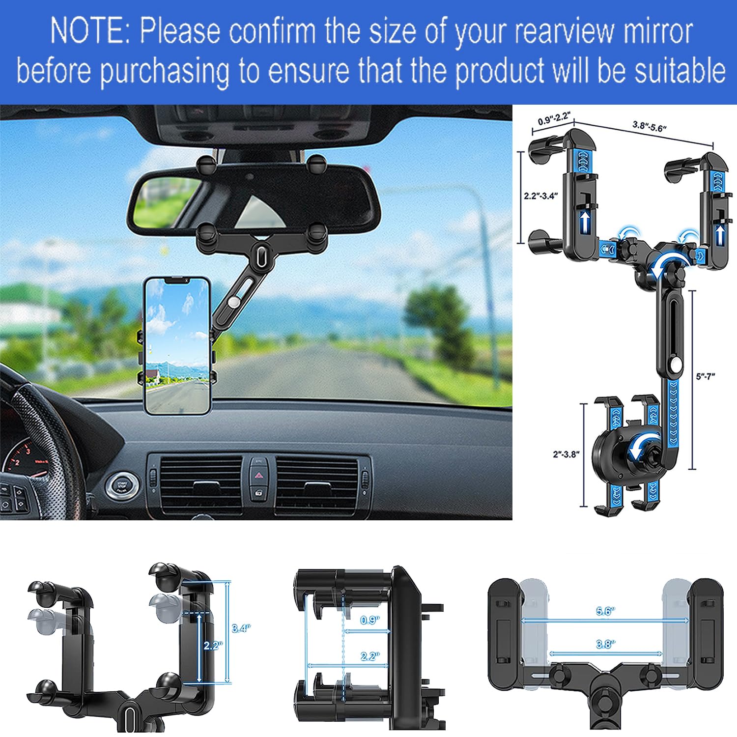 POWDAPTE Rear View Mirror Phone Holder, 360°Rotatable and Retractable Rearview Mirror Phone Holder for Car, Upgraded Four Corners Anti-Shake Multifunctional Design for All iPhone & Car Rearview Mirror