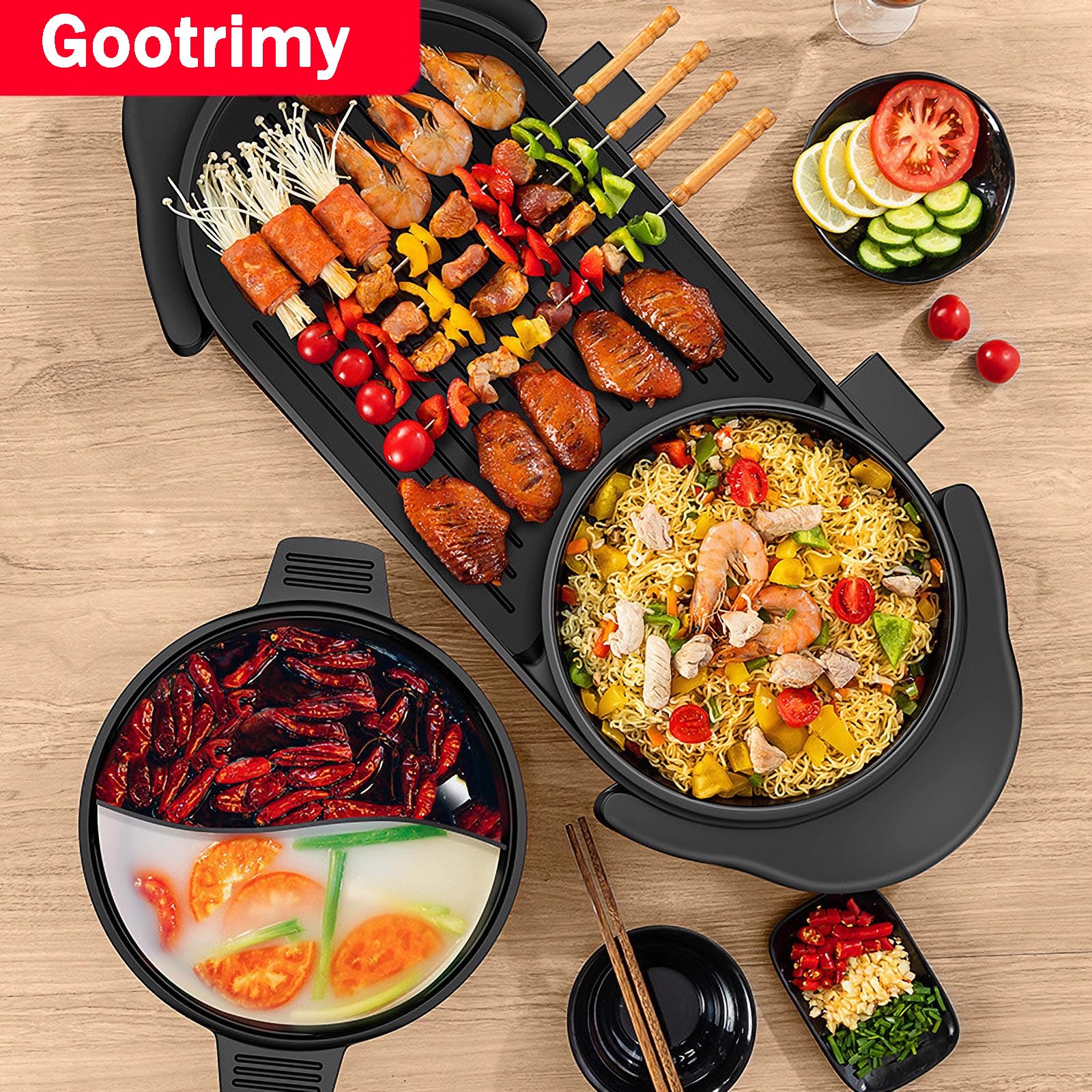 Hot Pot with Grill, Electric Hot Pot 2 in 1 Shabu Shabu Hot Pot Korean BBQ Grill, Removable Hotpot Pot 1200W / Large Capacity Baking Tray, Separate Temperature Control, Electric Grill for 2-12 People