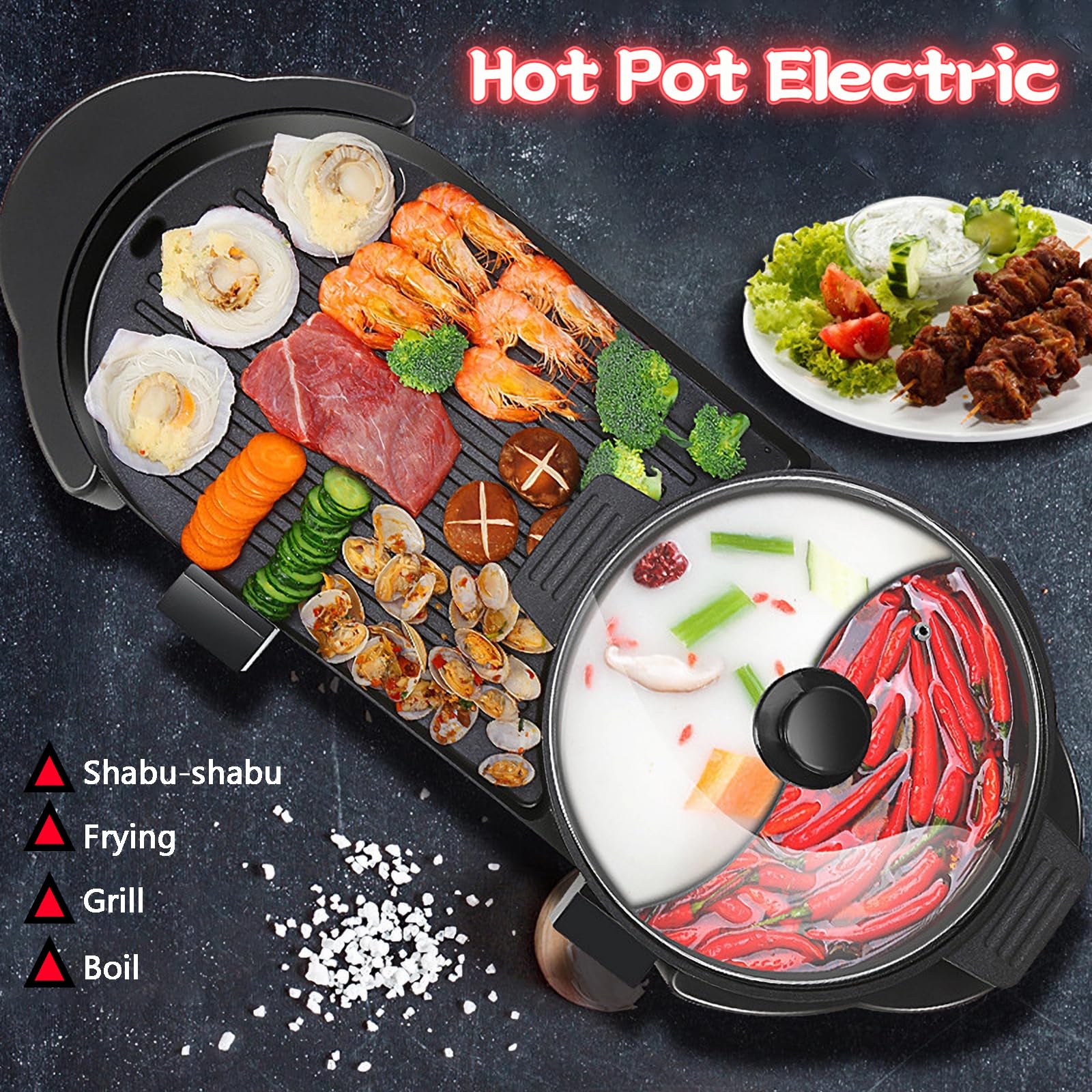 Hot Pot with Grill, Electric Hot Pot 2 in 1 Shabu Shabu Hot Pot Korean BBQ Grill, Removable Hotpot Pot 1200W / Large Capacity Baking Tray, Separate Temperature Control, Electric Grill for 2-12 People