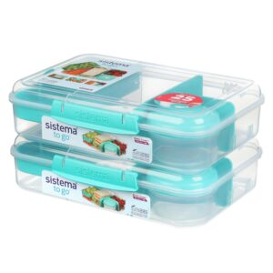 sistema® bento create to go™ 6-cup food storage container bento box with lid and dividers, 2 pack, minty teal