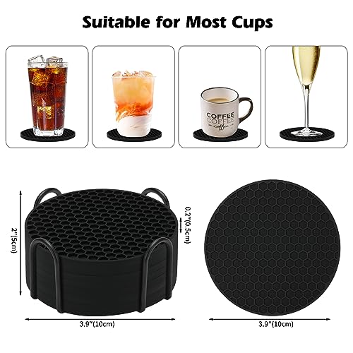 Silicone Coasters Set of 8 with Holder,Coasters for Drinks,Beer,Coffee Coasters,Suitable for Kinds Cups,Hot or Cold,Anti-SLI,Non-Stick,Anti-Overflow Tabletop Protection and Decor (8 Pcs, Black)