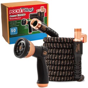 pocket hose copper bullet expandable garden hose w/10 pattern thumb spray nozzle as-seen-on-tv 50 ft 650psi 3/4 in patented lead-free ultra-lightweight solid copper anodized aluminum fittings no-kink