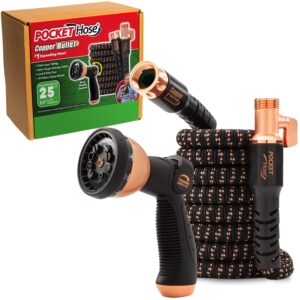 pocket hose copper bullet expandable garden hose w/10 pattern thumb spray nozzle as-seen-on-tv 25 ft 650psi 3/4 in patented lead-free ultra-lightweight solid copper anodized aluminum fittings no-kink