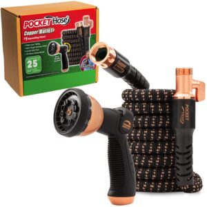 Pocket Hose Copper Bullet Expandable Garden Hose w/10 Pattern Thumb Spray Nozzle AS-SEEN-ON-TV 25 FT 650psi 3/4 in Patented Lead-Free Ultra-Lightweight Solid Copper Anodized Aluminum Fittings No-Kink