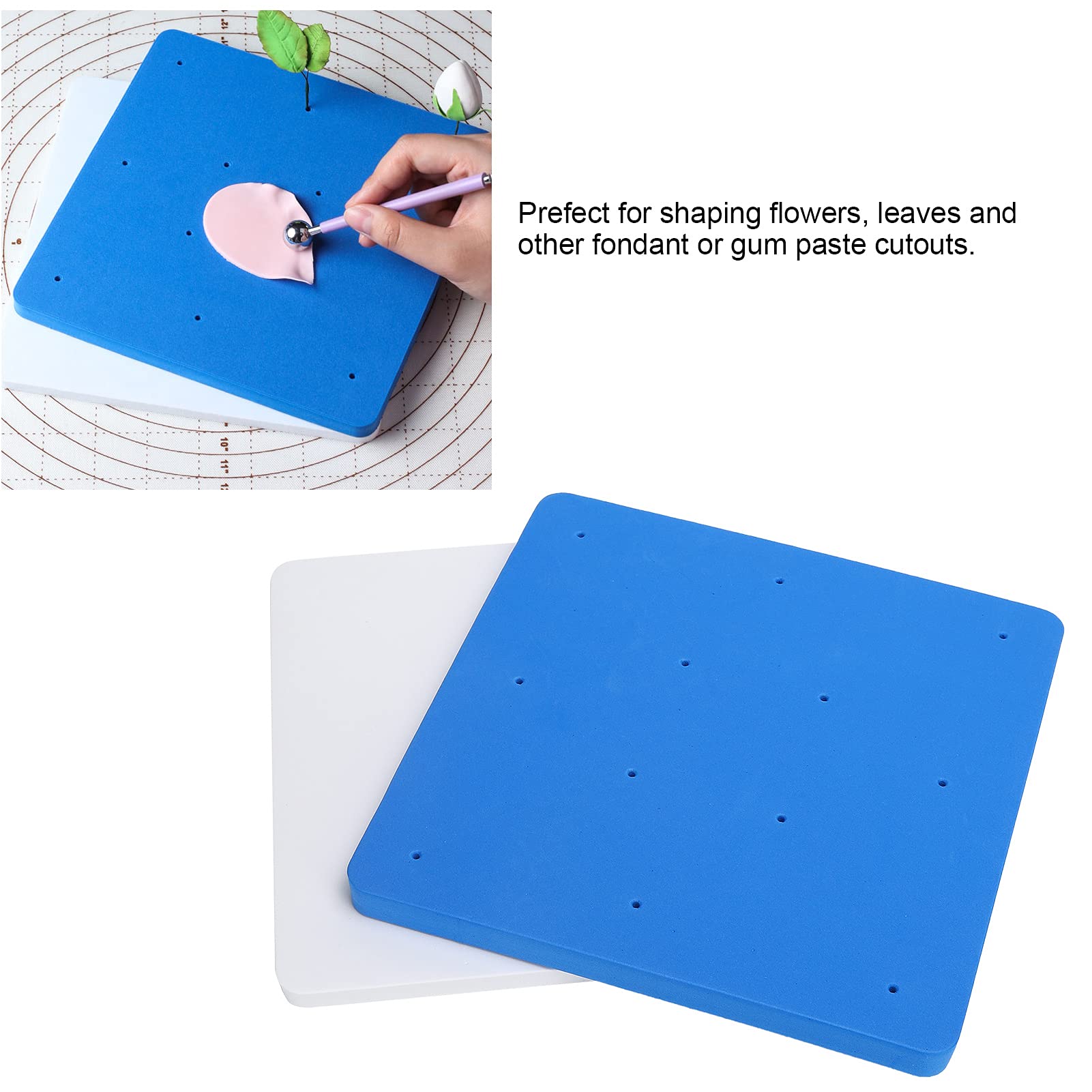 2 Pcs Fondant Foam Pad, 12 Hole Fondant Cake Shaping Sponge Mat, DIY Paste Sugar Flower Gum Chocolate Clay Modelling Tools Drying Tray for Cake Decoration, White Blue