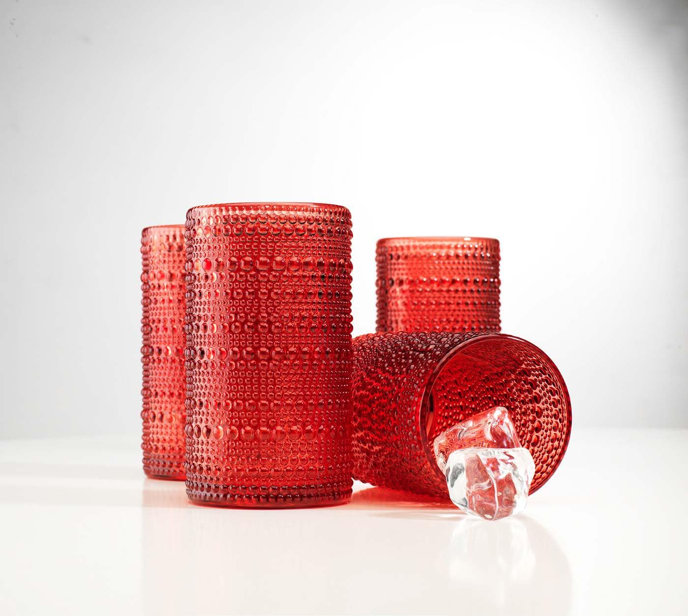 Glaver's Hobnail Drinking Glasses Set of 4 Red Vintage Glassware. 15 Oz. Everyday and Holiday Dinner Beaded Drinking Glasses for Water, Juice, Cocktail.