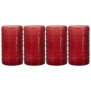 Glaver's Hobnail Drinking Glasses Set of 4 Red Vintage Glassware. 15 Oz. Everyday and Holiday Dinner Beaded Drinking Glasses for Water, Juice, Cocktail.