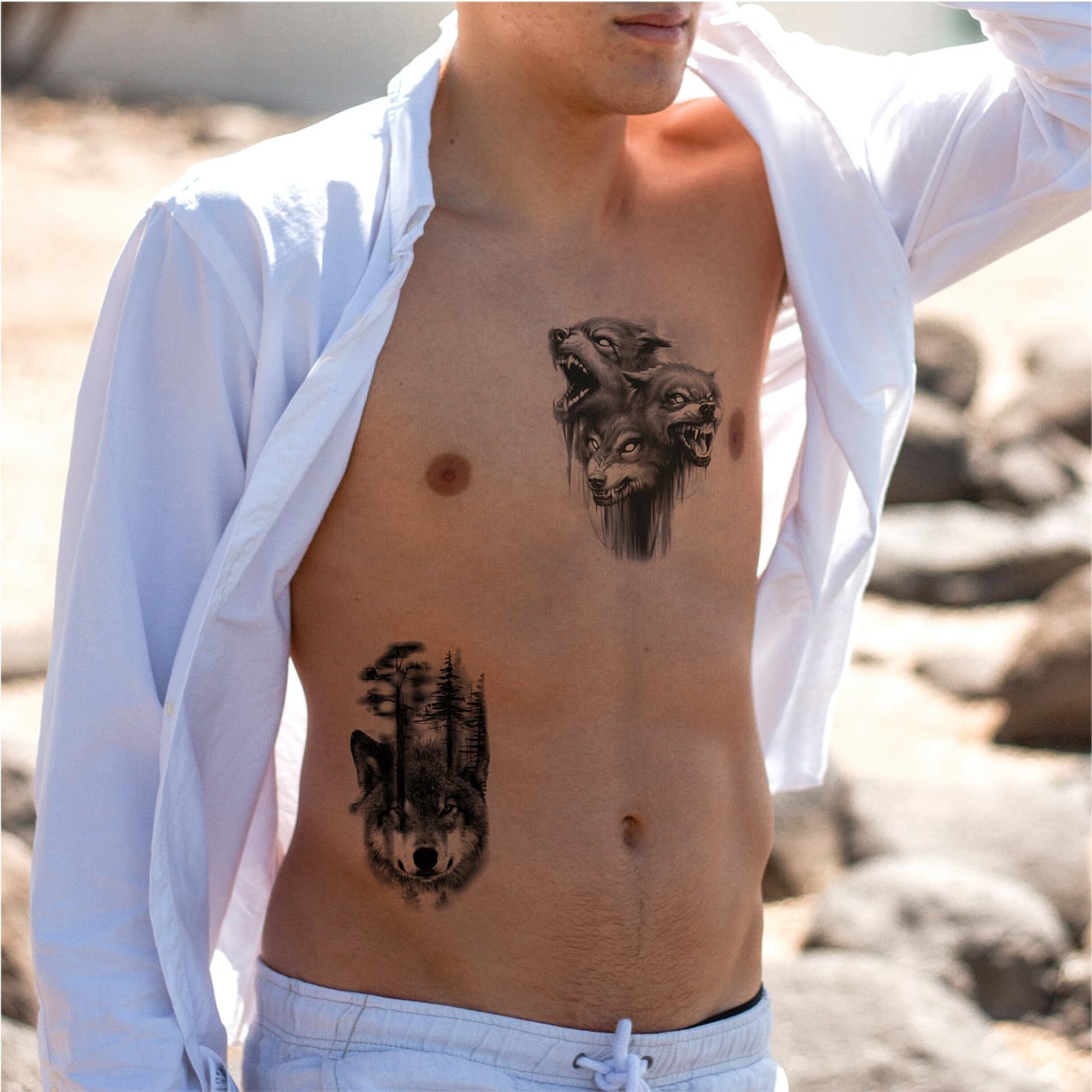 Realistic Wolf Tattoo Temporary For Adult Men, Large Half Sleeve Black Forest Wolf Fake Tattoo Tribal Adult Teen Women, Animal Owl Scorpion Big Temp Tatoo Sticker Arm Chest Body Art Makeup, 8-Sheet