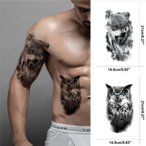 Realistic Wolf Tattoo Temporary For Adult Men, Large Half Sleeve Black Forest Wolf Fake Tattoo Tribal Adult Teen Women, Animal Owl Scorpion Big Temp Tatoo Sticker Arm Chest Body Art Makeup, 8-Sheet