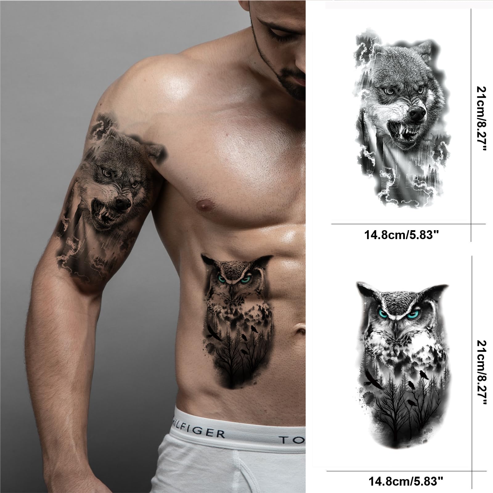 Realistic Wolf Tattoo Temporary For Adult Men, Large Half Sleeve Black Forest Wolf Fake Tattoo Tribal Adult Teen Women, Animal Owl Scorpion Big Temp Tatoo Sticker Arm Chest Body Art Makeup, 8-Sheet