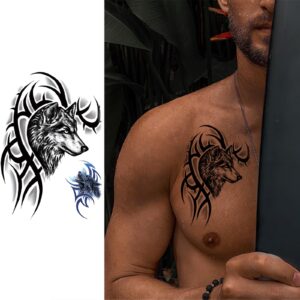 Realistic Wolf Tattoo Temporary For Adult Men, Large Half Sleeve Black Forest Wolf Fake Tattoo Tribal Adult Teen Women, Animal Owl Scorpion Big Temp Tatoo Sticker Arm Chest Body Art Makeup, 8-Sheet