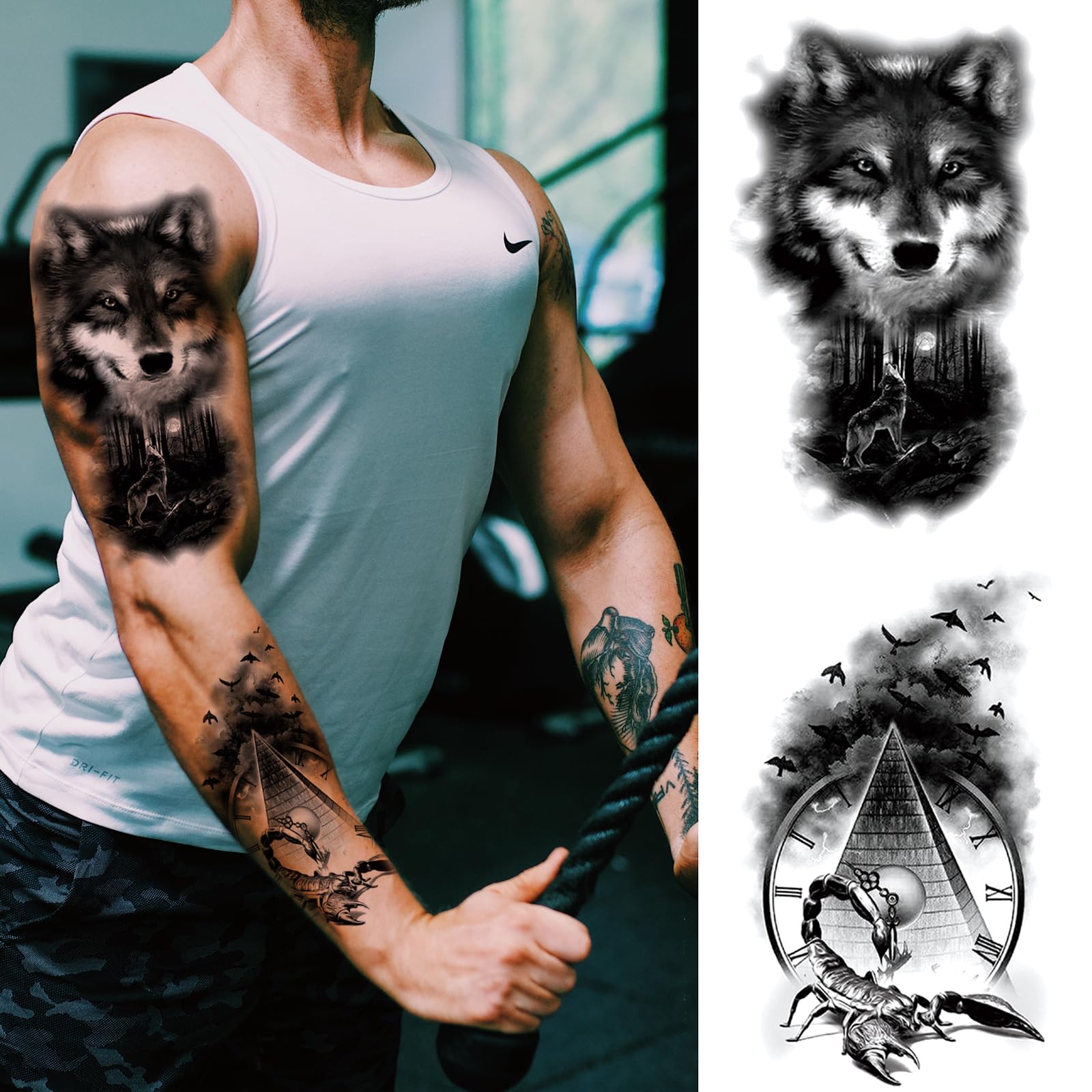 Realistic Wolf Tattoo Temporary For Adult Men, Large Half Sleeve Black Forest Wolf Fake Tattoo Tribal Adult Teen Women, Animal Owl Scorpion Big Temp Tatoo Sticker Arm Chest Body Art Makeup, 8-Sheet