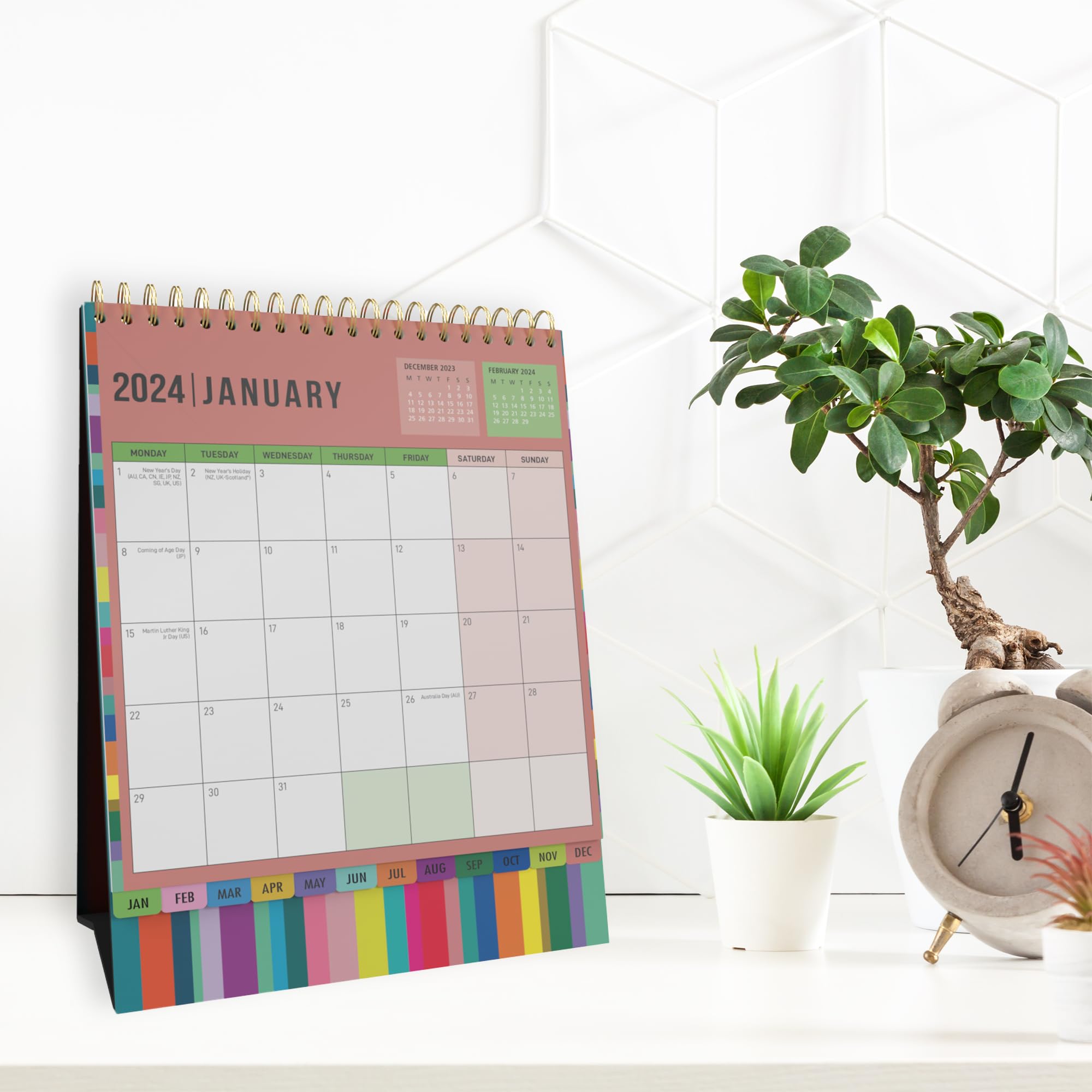 Collins Essential Edge Desk Calendar 2024 - Small Cute Monthly Calendar 2024 Planner - Wired-Bound 12-Month Desk Planner with International Holidays