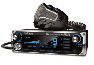 uniden bearcat 880fm cb radio, 40 channels with dual-mode am/fm, large easy-to-read backlit 7-color lcd display, backlit knobs/buttons, noaa weather alert, pa/cb switch, and wireless mic compatible