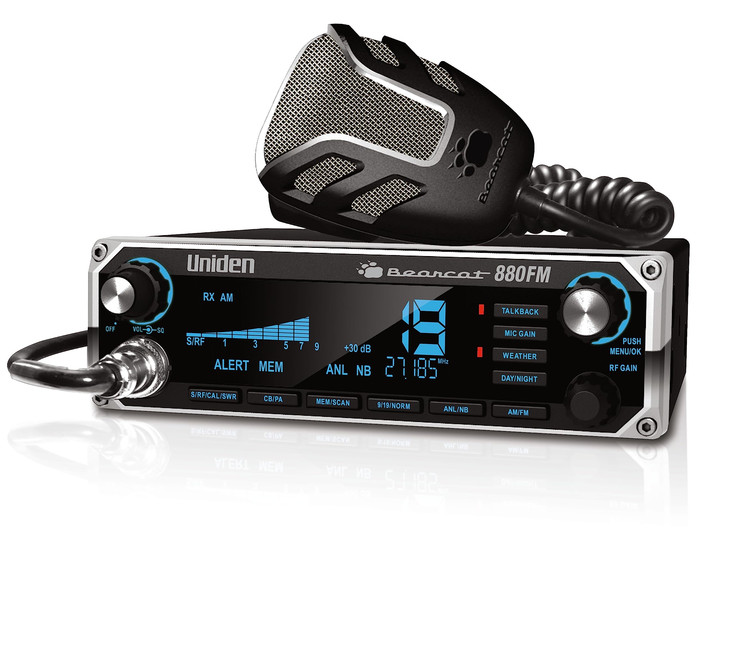 Uniden Bearcat 880FM CB Radio, 40 Channels with Dual-Mode AM/FM, Large Easy-to-Read Backlit 7-Color LCD Display, Backlit Knobs/Buttons, NOAA Weather Alert, PA/CB Switch, and Wireless Mic Compatible