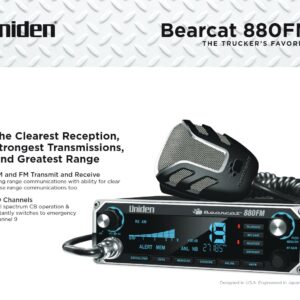 Uniden Bearcat 880FM CB Radio, 40 Channels with Dual-Mode AM/FM, Large Easy-to-Read Backlit 7-Color LCD Display, Backlit Knobs/Buttons, NOAA Weather Alert, PA/CB Switch, and Wireless Mic Compatible