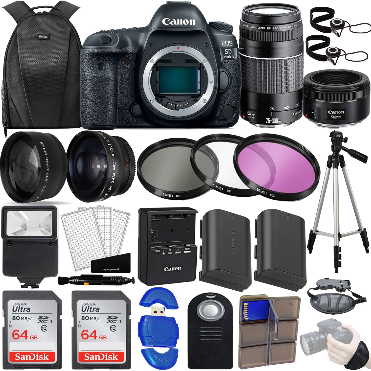 Canon EOS 5D Mark IV 30.4 MP DSLR Full Frame Camera Body with EF 50mm F1.8 STM Lens + EF 75-300mm F4-5.6 III Lens Kit Pro Travel Bundle