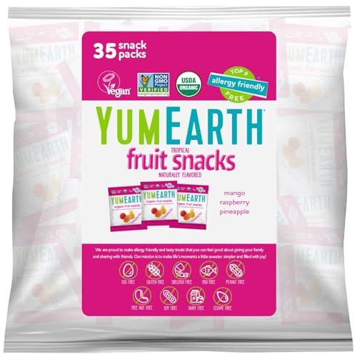 YumEarth Organic Tropical Fruit Snacks - Fruit Gummies Snack Packs, Gluten Free Snacks for Kids - Allergy Friendly, Non-GMO, Vegan, No Artificial Flavors or Dyes - 0.7 oz. (Pack of 35)