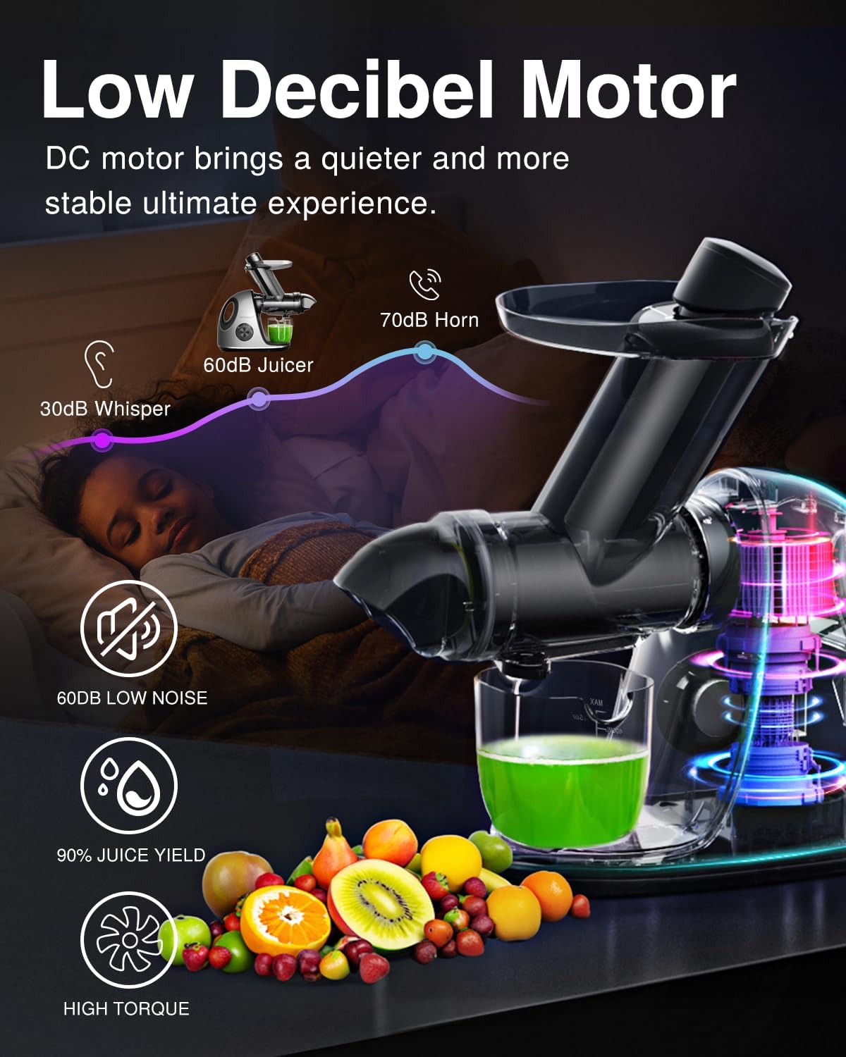 Juicer Machines, Vividmoo Masticating Juicer machines with 3-Inch Wide Chute, 2-Speed Modes & Reverse Function, Powerful Fruit Cold Press Juicer, Dishwasher Safe Slow Masticating Juicer