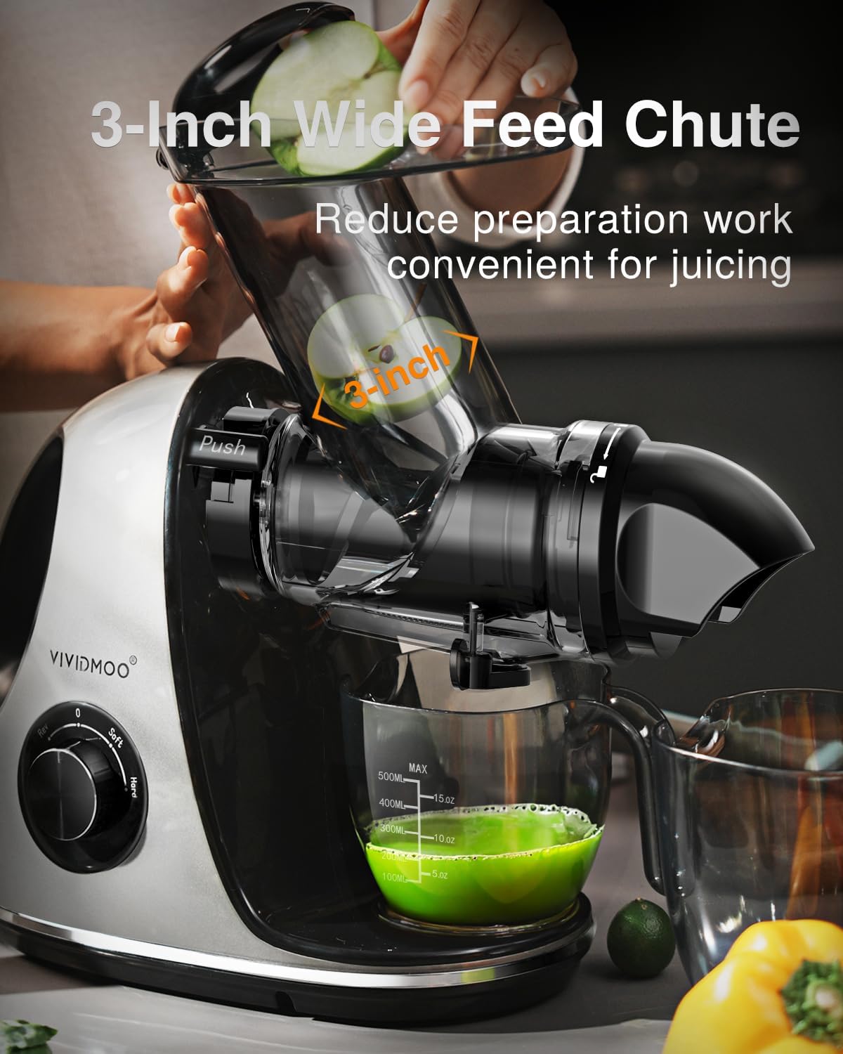 Juicer Machines, Vividmoo Masticating Juicer machines with 3-Inch Wide Chute, 2-Speed Modes & Reverse Function, Powerful Fruit Cold Press Juicer, Dishwasher Safe Slow Masticating Juicer