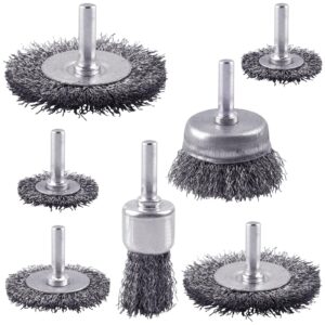 rocaris 7 pack carbon steel wire wheel brush, cup brush, wheel brush, pen brush set with 1/4-inch round shank for rust removal, corrosion and scrub surface
