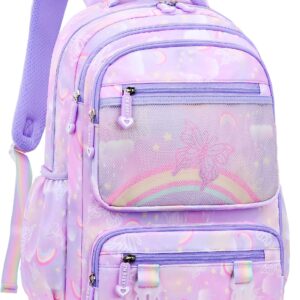 Vimivon Girls Backpack for Kids 6-8 Butterfly Backpacks for Girls 8-10 1st 2nd Grade Kindergarten Preschool Elementary School,Purple