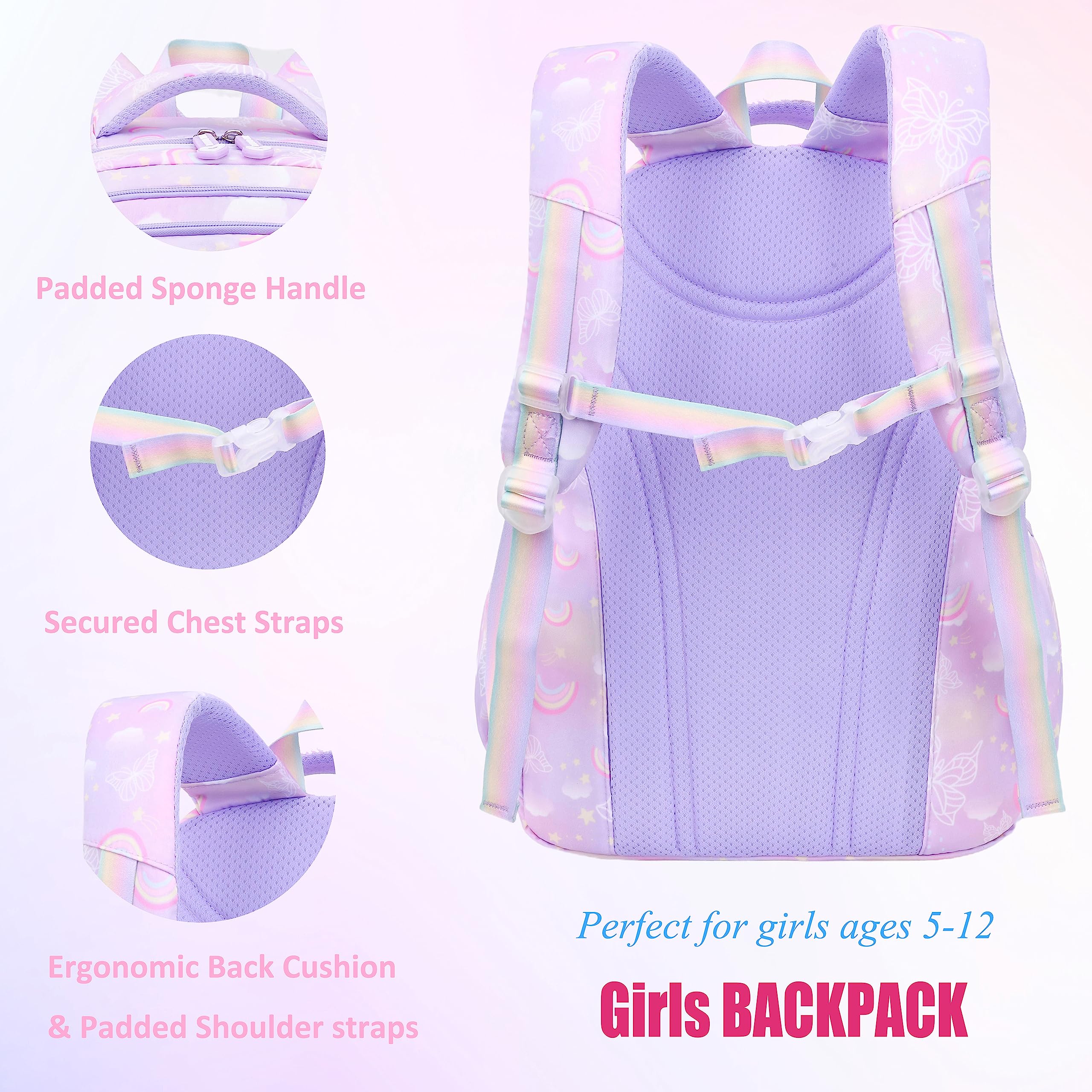 Vimivon Girls Backpack for Kids 6-8 Butterfly Backpacks for Girls 8-10 1st 2nd Grade Kindergarten Preschool Elementary School,Purple